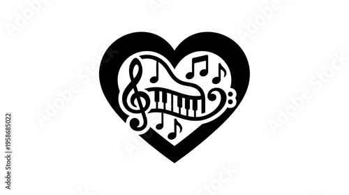 Minimalist Heart with Piano Keyboard and Music Notes Line Art, Monochrome Vector Illustration of Love and Music Passion