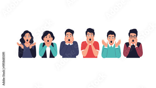 Group of six people expresses various degrees of shock and surprise with wide eyes and open mouths in this flat character illustration.