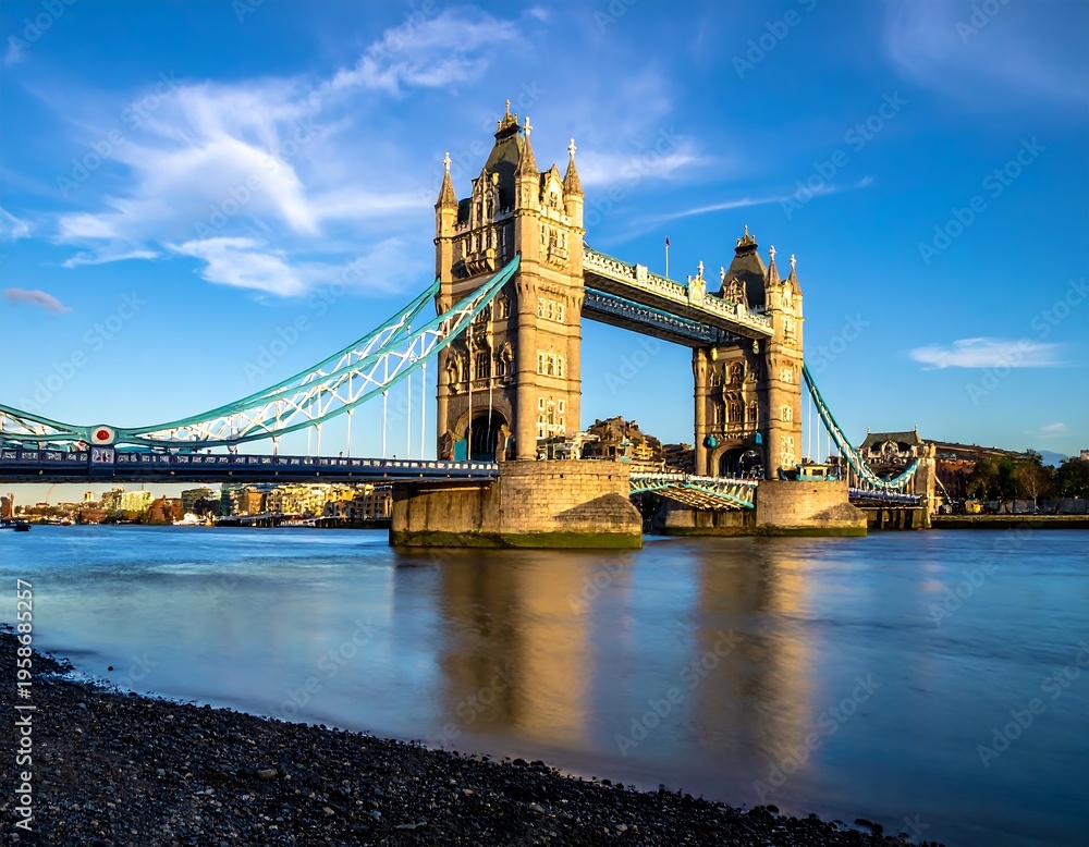 Obraz premium Tower Bridge London spans river water under a partly cloudy sky during golden hour