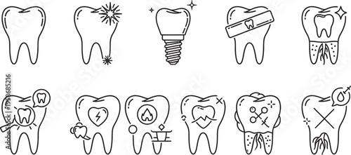 Dental tooth illustrations with various treatments and conditions