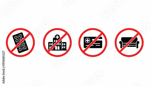 Forbidden Icons Set for Medical Pills Hospital Card and Sofa Isolated on White Vector Illustration