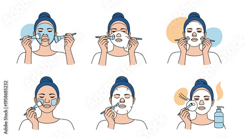 Sequence of six illustrations shows a woman applying different types of facial masks and beauty treatments as part of a skincare routine.