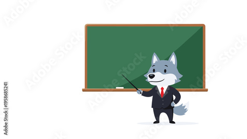 Educated wolf character wearing a professional business suit stands in front of a green classroom chalkboard holding a pointer stick.