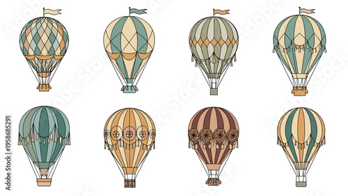Collection of vintage hot air balloon illustrations with detailed patterns and tassels in a sophisticated antique color palette.
