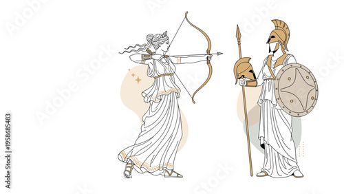 Illustration of ancient Greek goddesses Artemis with her bow and Athena with her spear and shield in a classical artistic style.