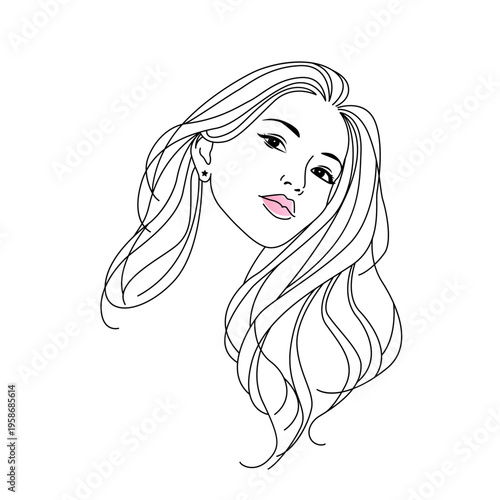 Minimalistic modern silhouette of a beautiful young woman's face with long hair. Poster for advertising organic cosmetics or a beauty salon, eyelash extensions, or beauty injections. Flat vector