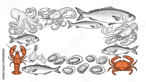 Large assortment of seafood sketches including various fish species, crabs, lobsters, oysters, and an octopus in a rectangular frame.