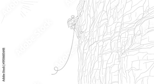 Minimalist line art illustration of a person rock climbing a steep cliff face under the sun, symbolizing challenge and adventure
