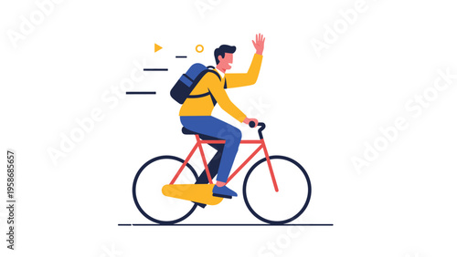 Energetic young man with a backpack rides a red bicycle and waves his hand happily while commuting on a white background.