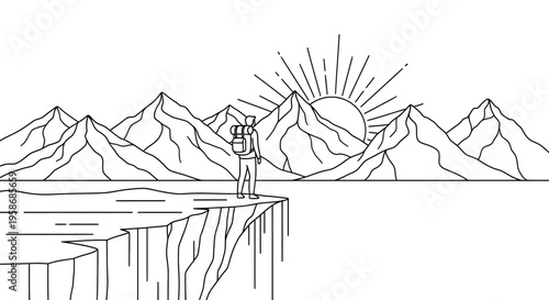 Minimalist line art illustration of a solo traveler with backpack standing on a cliff edge, admiring a mountain range and sunrise over water.