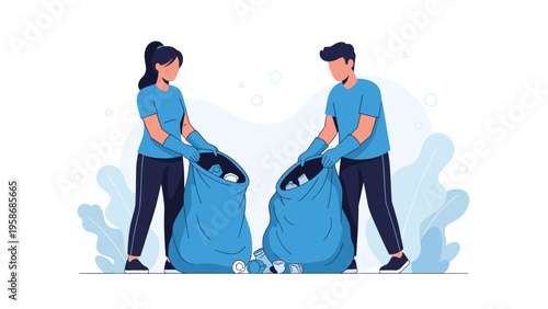 Young man and woman work together to collect trash and recyclables into large blue bags to help clean up the environment and nature.
