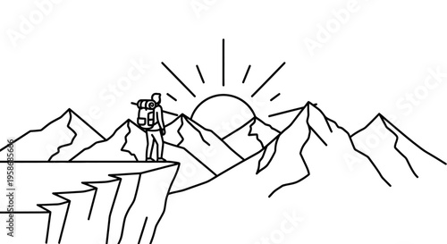 Hiker on cliff watching sunrise over mountains. Minimalist line art illustration of adventure, exploration, and freedom in nature.