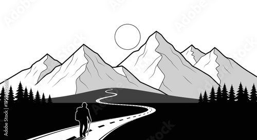 Black and white minimalist illustration of a person walking on a winding road towards majestic mountains with pine trees and a sun.