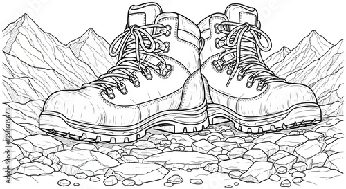 Detailed line art illustration of sturdy hiking boots on rocky terrain with mountains in the background, ideal for coloring book.