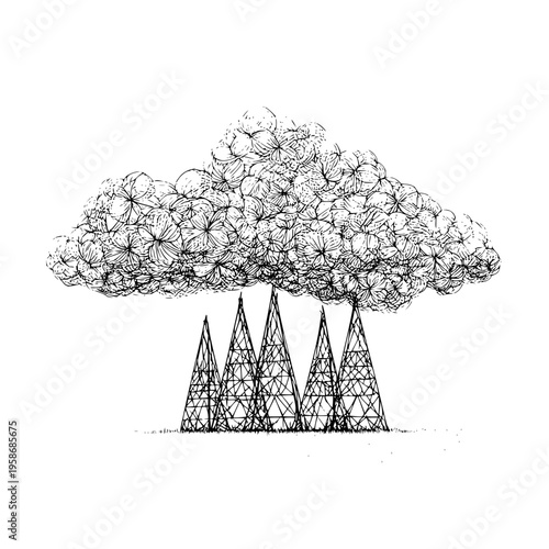 Industrial pollution concept art featuring tall metal factory smokestacks releasing thick toxic smoke clouds into the atmosphere as a metaphor for global warming and climate