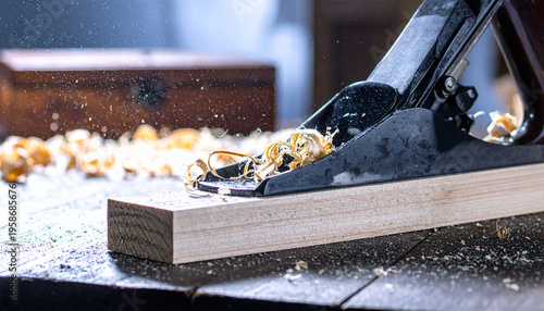 Close up of block plane creating wood shavings in a workshop setting during daylight hours