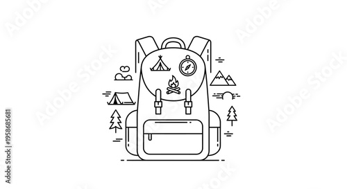Outdoor adventure backpack line art illustration with camping gear icons. Hiking bag, tent, compass, and mountains for travel.