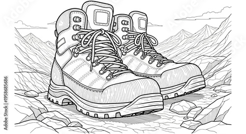 Detailed line art illustration of a pair of rugged hiking boots on a rocky mountain trail, perfect for outdoor adventure and trekking.