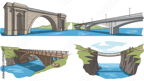 Different types of architectural bridge designs including stone arches and modern suspension bridges crossing over blue water.