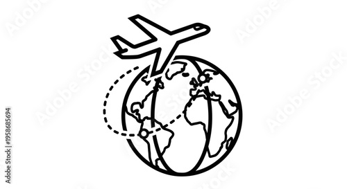 Minimalist line art illustration of an airplane circling the Earth globe, symbolizing worldwide travel, aviation, global transport, and tourism.