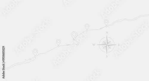 Winding road map with navigation pins and compass rose for journey planning, travel concept, location tracking, adventure