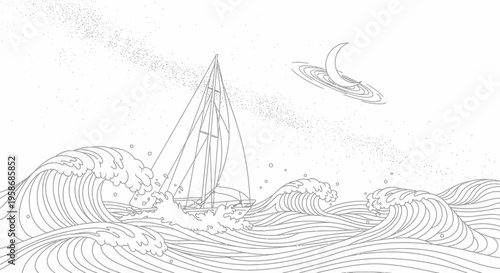 Detailed line art illustration of a sailboat braving a stormy sea under a crescent moon and starry galaxy, representing challenge and adventure.