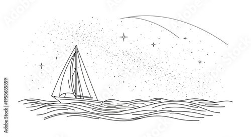 Line art illustration of a sailboat navigating ocean waves under a starry night sky with a shooting star, symbolizing adventure and freedom.