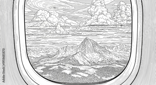 Intricate engraving style illustration of a majestic mountain range and cloudscape viewed from an airplane window, aerial travel concept.