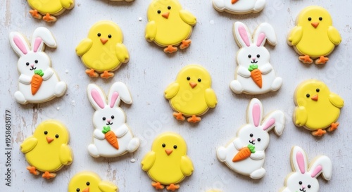 Easter cookies, bunny and chick decorations, holiday baking