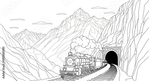 Vintage Steam Train Emerging from Mountain Tunnel Line Art Illustration. Old locomotive on railway tracks, black and white outline.