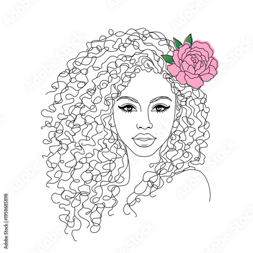 Minimalistic modern silhouette of a beautiful young woman's face with long hair. Poster for advertising organic cosmetics or a beauty salon, eyelash extensions, or beauty injections. Flat vector
