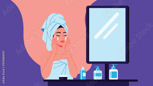 Young woman wrapped in a white towel applies skincare products to her face while looking in a bathroom mirror surrounded by bottles.