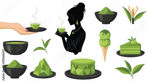 Collection of matcha green tea themed items includes powder, a whisk, cups of tea, cake, ice cream, and fresh tea leaves in flat style.
