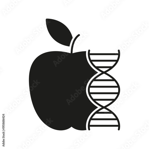 Apple With Dna Strand Solid Icon. Genetic Modification, Biotechnology, And Nutritional Science Silhouette Symbol. Genetically Modified Organisms. Isolated Vector Illustration
