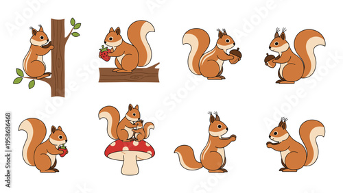 Set of adorable squirrels in various poses includes illustrations of the animals holding acorns, eating berries, and sitting on a mushroom.