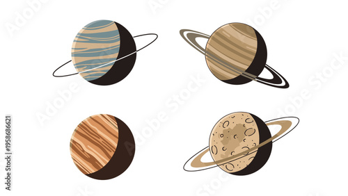 Four different ringed planets are shown in a simple illustrative style with various colors and textures representing celestial bodies in space.