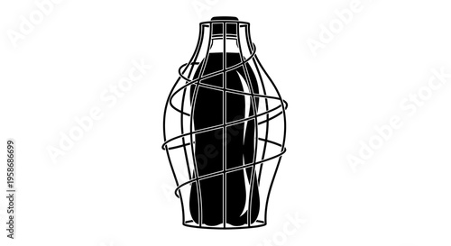 Plastic bottle encased in metal cage structure on white background  