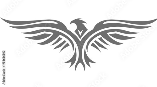 Stylized Eagle or Phoenix Symbol with Spread Wings. Powerful Flying Bird Emblem Graphic Design Element. Abstract Avian Art.