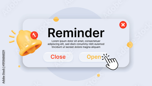Reminder notification popup with 3D yellow bell and hand cursor click, UI alert window template for business planning, events and timetable interface design