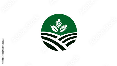 Green organic agriculture symbol with stylized plant leaves and farm fields, representing natural growth, eco-friendly farming, and sustainability.
