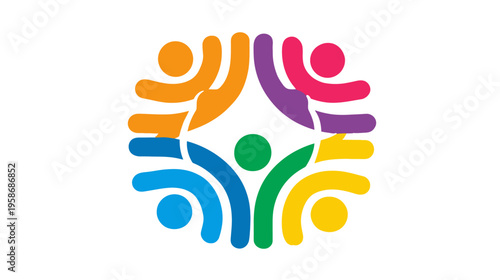 Dynamic colorful abstract figures forming a vibrant circular icon, symbolizing global community, diversity, unity, teamwork, and partnership.