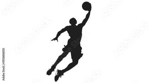 Dynamic basketball player silhouette performing a powerful slam dunk. Athlete jumping high with a ball, isolated on white background.
