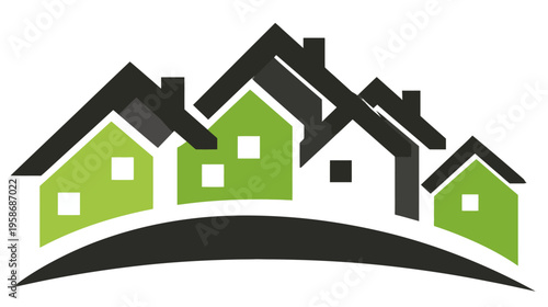 Abstract Residential Architecture Icon with Green and White Houses, Symbolizing Community, Real Estate, and Housing Development