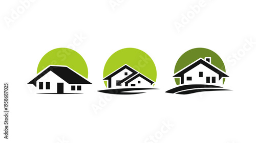 Set of green housing icons for real estate, property, and home design. Modern vector illustrations of houses with a nature theme.