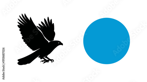 Black flying bird silhouette (hawk, eagle) with a bold blue circle. Abstract graphic design element on white background.