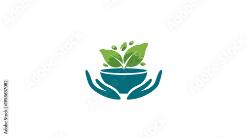 Healing hands nurturing organic plant in a bowl. Natural wellness, holistic health, growth, and environmental care concept.