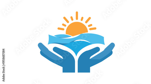 Abstract illustration of hands holding sun and waves, symbolizing nature care, clean water, environmental protection, and wellness.