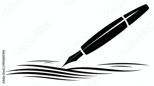 Elegant Black Fountain Pen Icon Writing Swirl Lines. Classic Calligraphy or Signature Tool Vector Silhouette for Document Signing