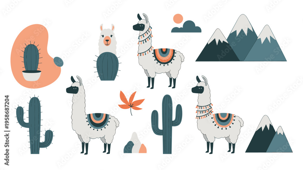 Obraz premium Charming set of llama and cactus illustrations includes cute animals, desert plants, snow capped mountains, and decorative sun and clouds.