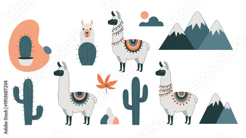 Charming set of llama and cactus illustrations includes cute animals, desert plants, snow capped mountains, and decorative sun and clouds.